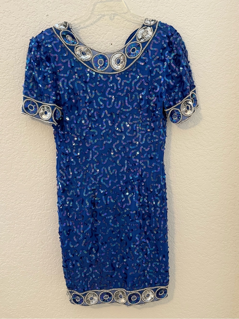 Robert Anthony Silk Sequin Beaded Dress Sz 4 Blue Vintage Cocktail Party Sheath